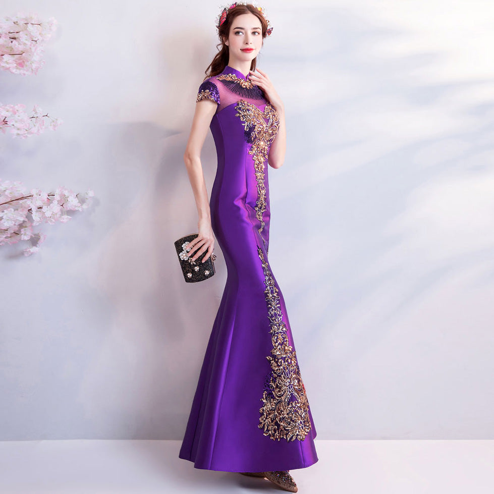 Long Split Front Qipao / Cheongsam Gown with Lace Top | Chinese style dress,  Gowns, Chiffon dress long